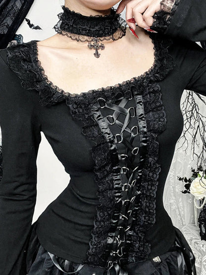 AltGoth Aesthetic Goth T-shirt Women Hotsweet Y2k E-girl 2000s Streetwear Lace Patchwork Square Collar Long Sleeve Crop Tee Tops SS69
