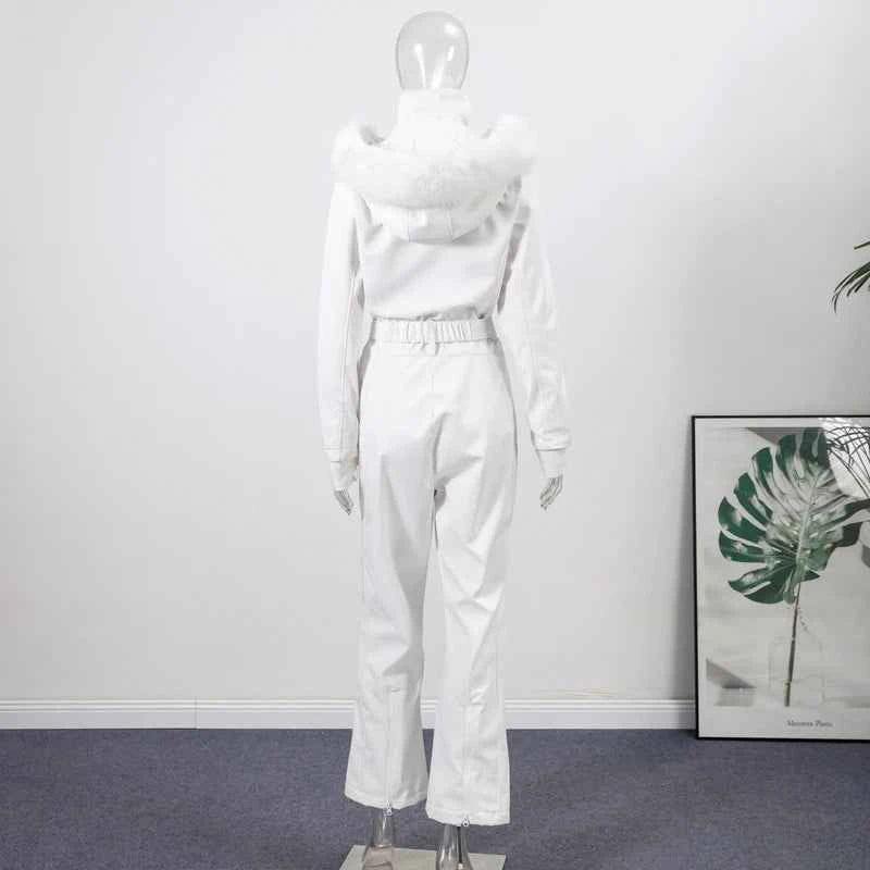Fashion Solid Warm Ski Suit Women's Hood Fur Trim Full Sleeves Belt Coats High Waist Pants 2025 Winter Lady Windproof Tracksuit