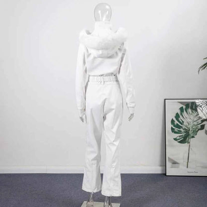 Fashion Solid Warm Ski Suit Women's Hood Fur Trim Full Sleeves Belt Coats High Waist Pants 2025 Winter Lady Windproof Tracksuit