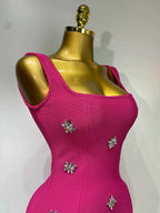 Women Sexy Square Collar Sparkly Rhinestone Bodycon Mini Bandage Dress Celebrate Evening Party Elegant Luxury Birthday Dress