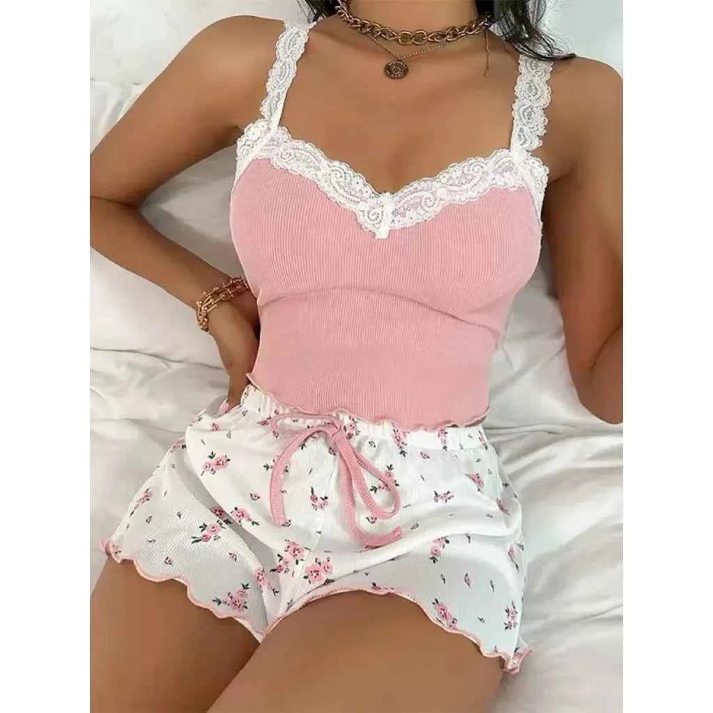 2025 women's sexy lace lace camisole vest shorts sleepwear women's slim fit two-piece home outfit new product pink coffee blue