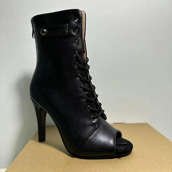 Women's Black Peep-Toe High Heel Stilettos Size 46 New Fashion Brand Party Boots for Ballroom Latin Jazz Dance Sexy Party Shoes SS69