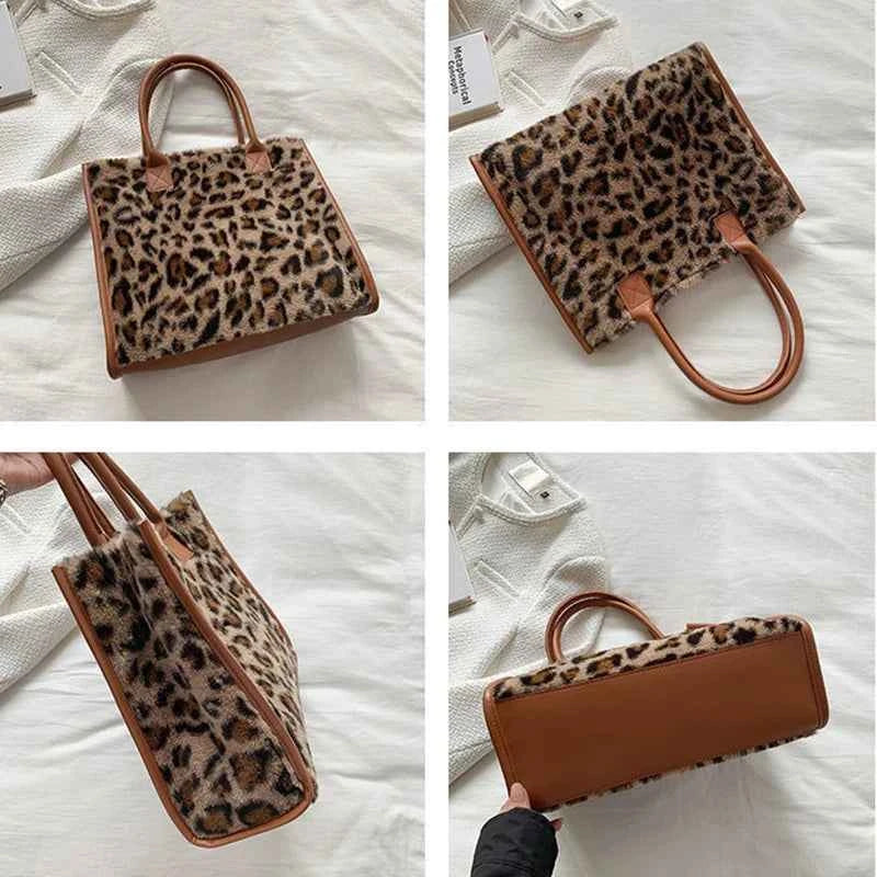 Winter Faux Fur ,Leopard Print Designer Shopper Totes, Fashion Soft Plush Women Shoulder Bags, Large Capacity Handbags and Purse