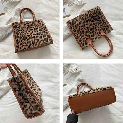 Winter Faux Fur ,Leopard Print Designer Shopper Totes, Fashion Soft Plush Women Shoulder Bags, Large Capacity Handbags and Purse