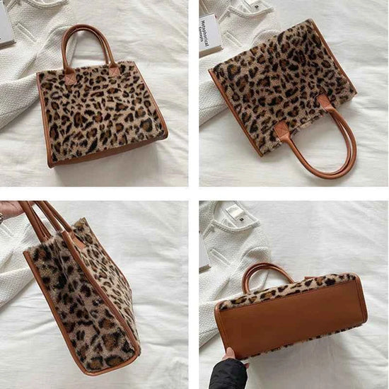 Winter Faux Fur ,Leopard Print Designer Shopper Totes, Fashion Soft Plush Women Shoulder Bags, Large Capacity Handbags and Purse