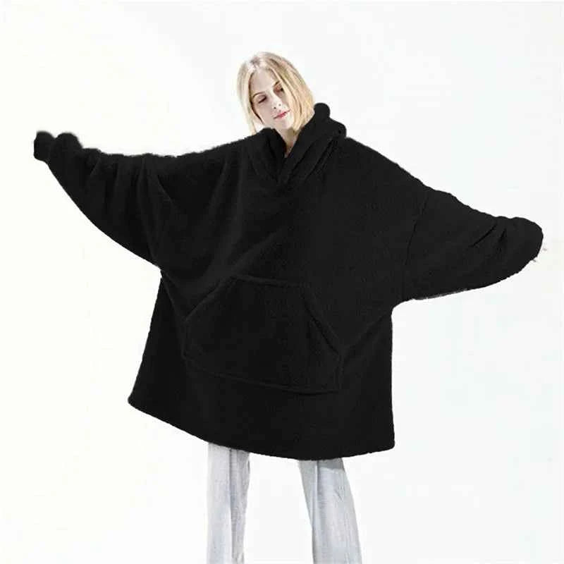 New Winter Women Double-faced Fleece Hoodie Blanket Oversize Large Pocket Warm Couple Loose Sweatshirts Women And Men Robe