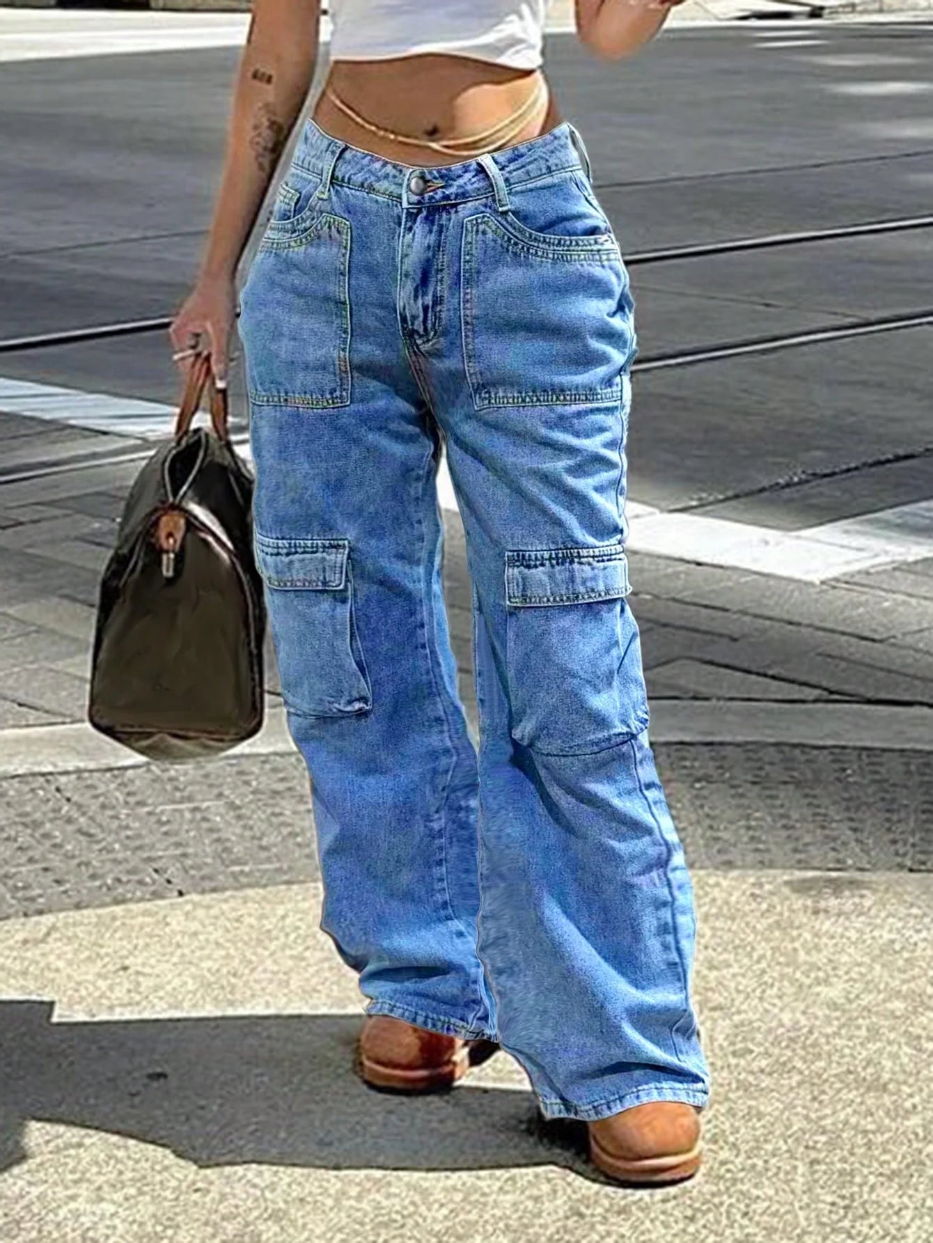 Women Non-Stretch Straight-Leg Jeans Casual Button Zipper Denim Pants With Pockets Fashion Solid Color Street Cargo Jeans SS69