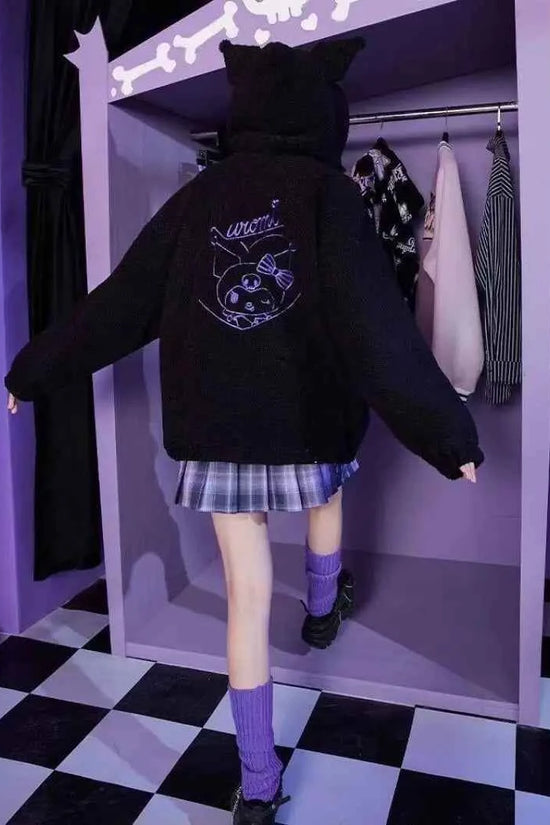 Sanrio New Hoodie Hooded Kuromi Cute Thicken Coat Fleece-Lined Embroidery Women's Loose Plus Size Hoodie Autumn and Winter Ins