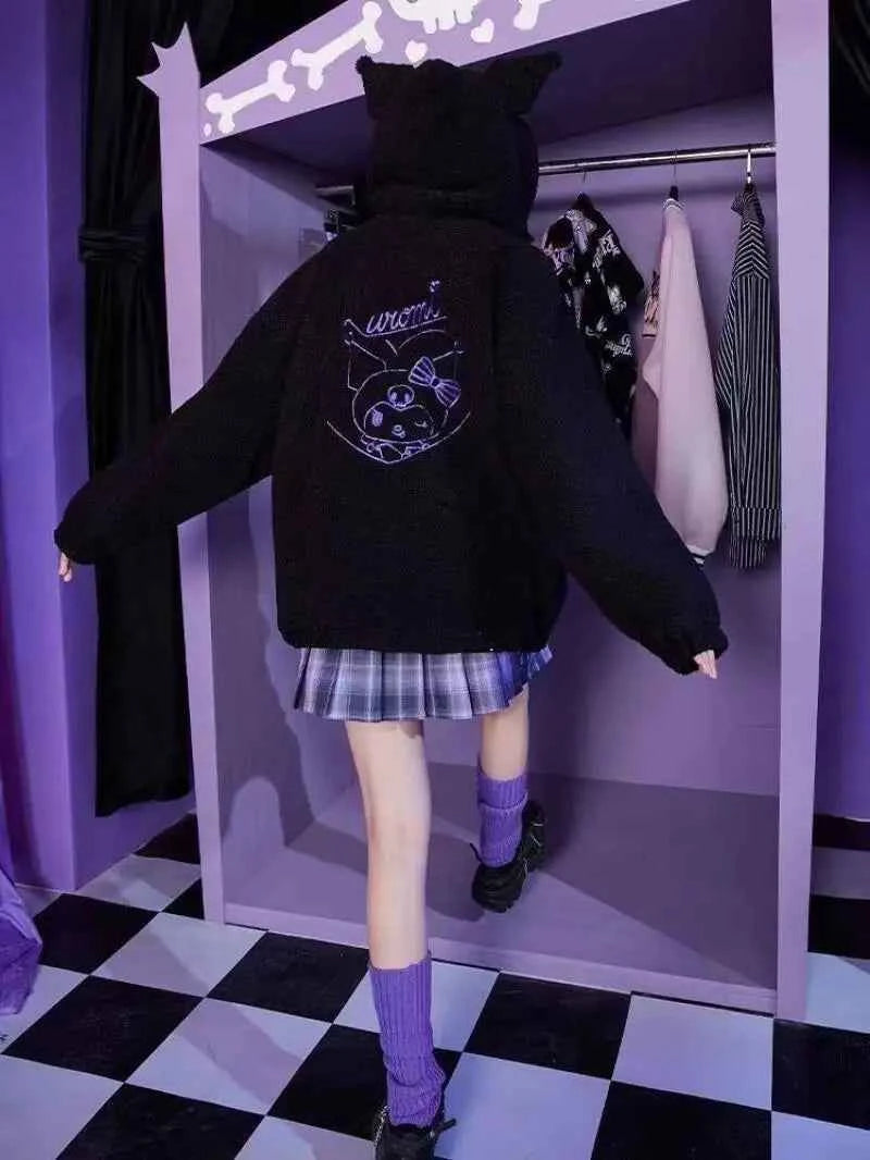 Sanrio New Hoodie Hooded Kuromi Cute Thicken Coat Fleece-Lined Embroidery Women's Loose Plus Size Hoodie Autumn and Winter Ins