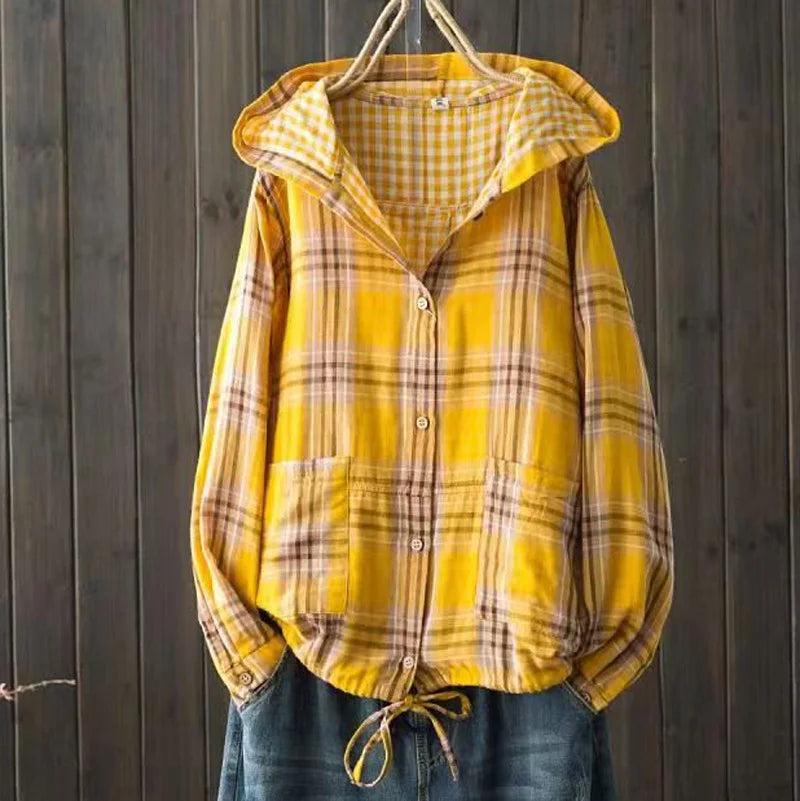 Large size blouses for women autumn spring hooded long sleeve single-breasted plaid shirts oversized shirt top female hoodies