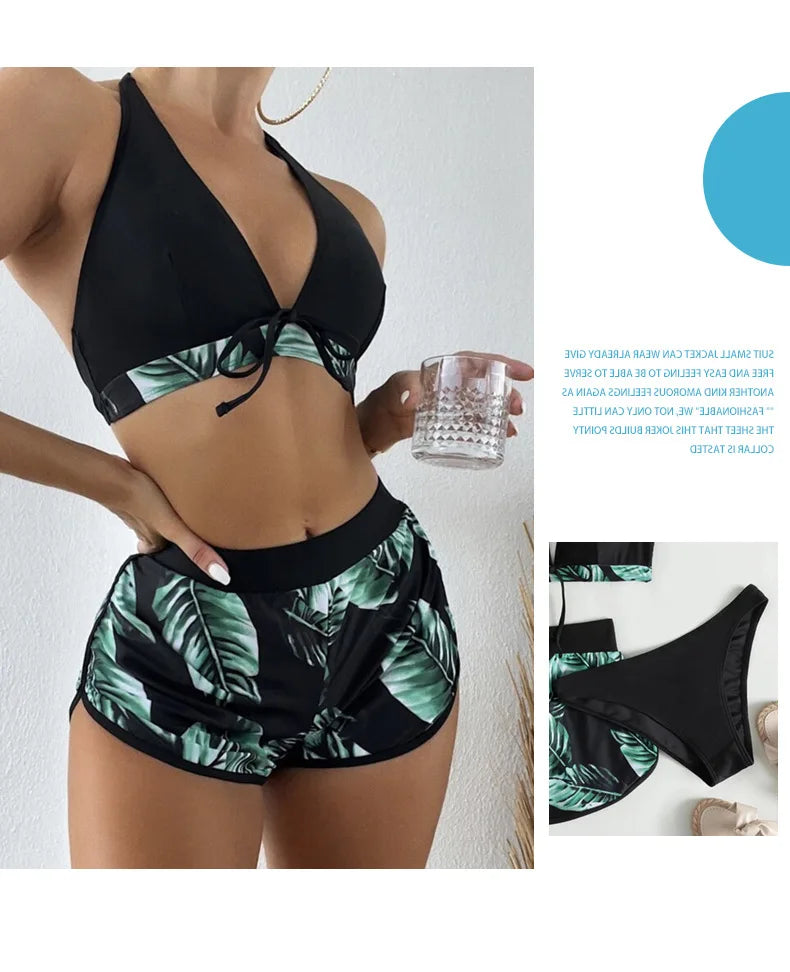 Women 2024 New Bikinis 6 Colors Sexy Halter Bikini 3 Piece Set Leafs Print High Waisted Swimsuit Beach Bathing Suit Size S-XXL SS69