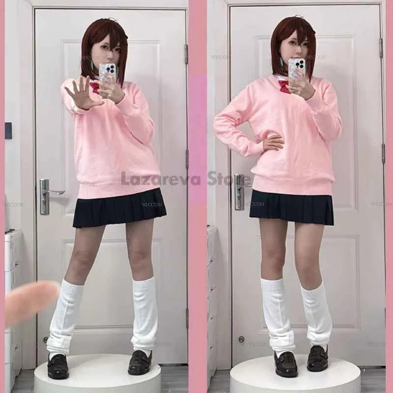 Momo Ayase Cosplay Costume Wig Anime Dandadan School JK Uniform Earrings Pink Sweater Skirt Halloween Party Women