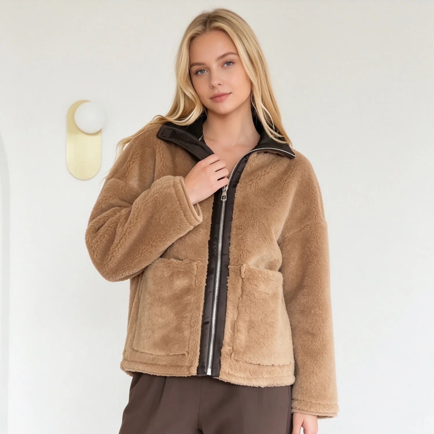PUAL  2026 new fuzzy fleece zip up jacket, high collar, big pockets, warm casual short outerwear, cozy winter women plush coat