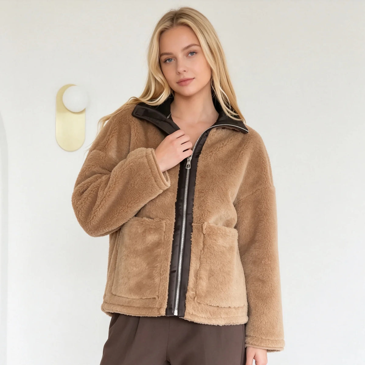 PUAL Women's Fuzzy Fleece Zip-Up Jacket with High Collar & Big Pockets