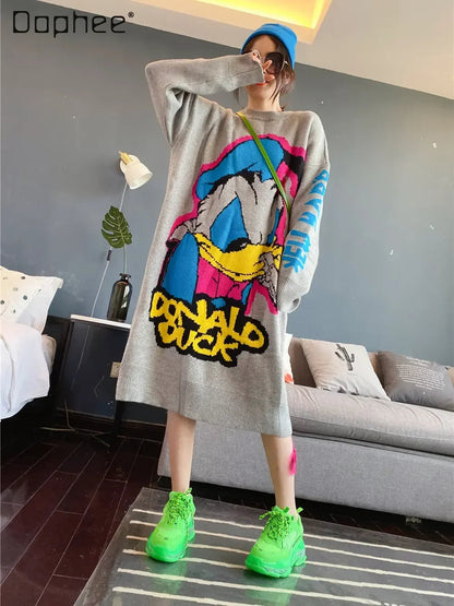 Korean Long-Sleeved Pullover Sweater Loose Fashion Women Autumn Winter Cartoon Embroidered Thickened Long Section Knitted Top SS69