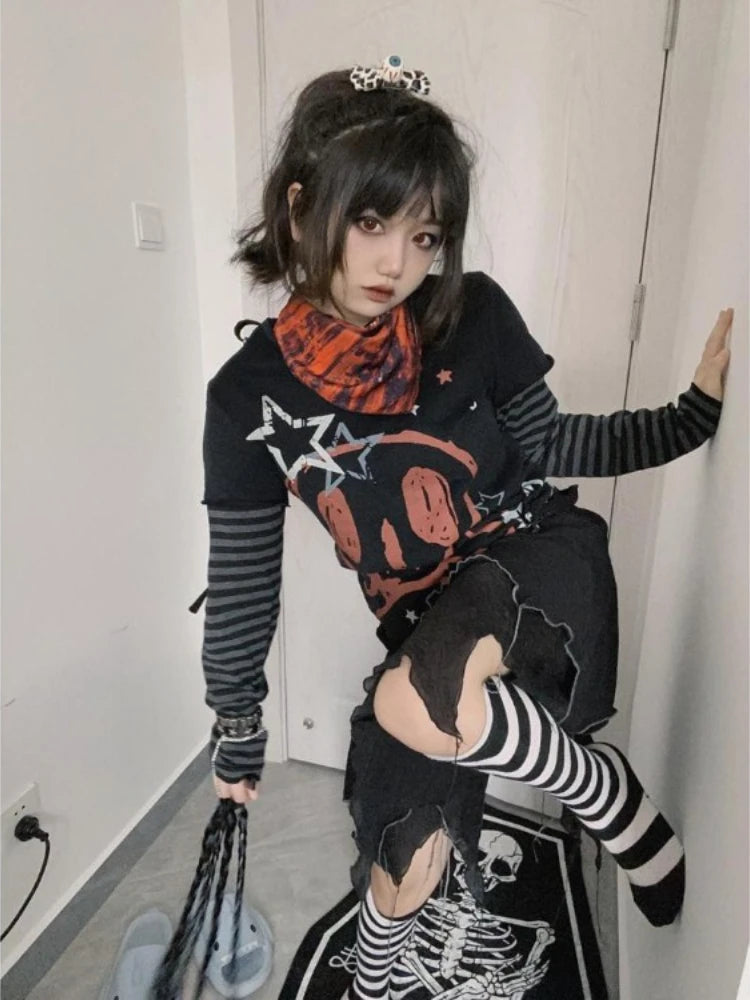 Oversized T Shirt Women's Clothing Chic Fake Two Tees 2025 Ropa Mujer Anime Punk Camisetas Skull Y2k Tops Casual Fashion T-shirt SS69