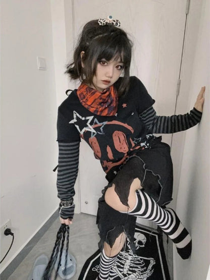 Oversized T Shirt Women's Clothing Chic Fake Two Tees 2025 Ropa Mujer Anime Punk Camisetas Skull Y2k Tops Casual Fashion T-shirt SS69