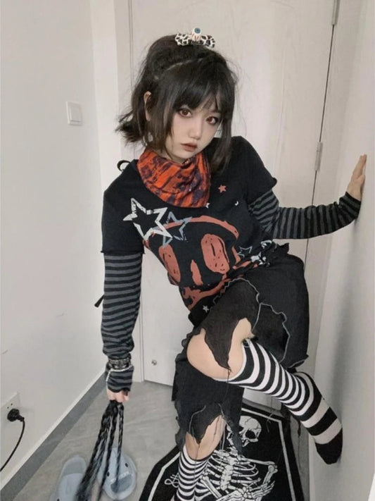 Oversized T Shirt Women's Clothing Chic Fake Two Tees 2025 Ropa Mujer Anime Punk Camisetas Skull Y2k Tops Casual Fashion T-shirt SS69