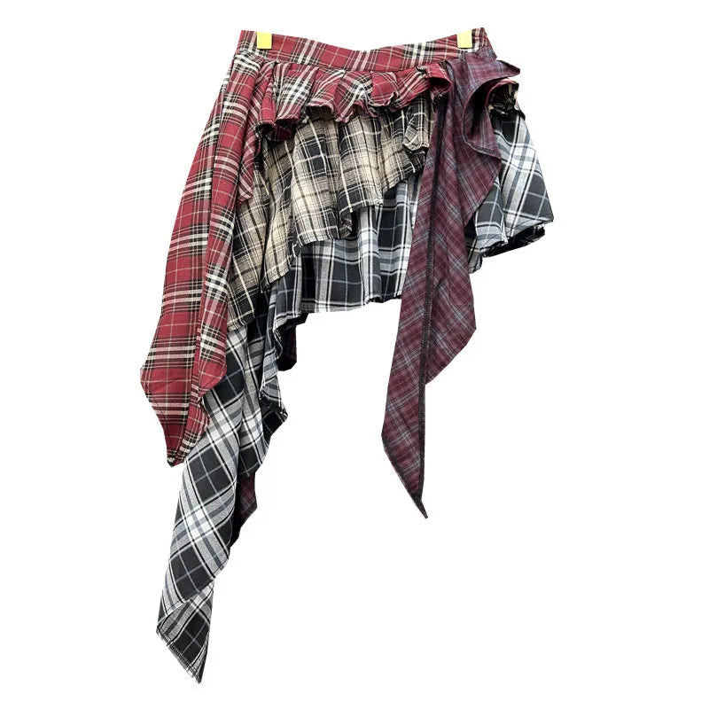 Y2K Harajuku Women's Skirt Irregular Plaid Patchwork Large Size Summer Spice Girl Design A-line Skirt Trendy Pleated Streetwear SS69