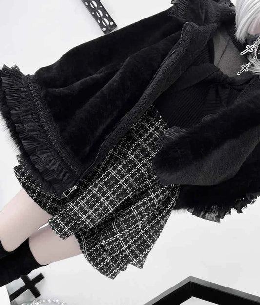 Japanese Mine Lace Splicing Cute Bow Lolita Shawl Jacket Autumn and Winter New Sweet Girl Loose Warm Plush Cape Coat Women