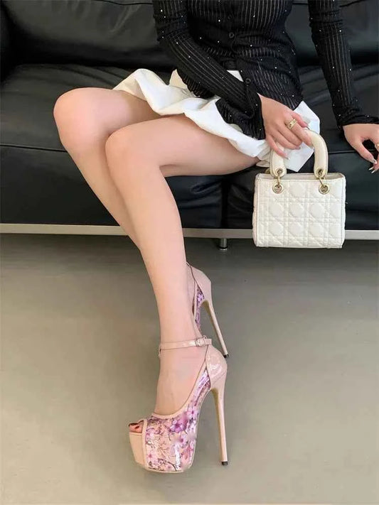 Eilyken Street Style Print Flower Buckle Strap Platform Sandals Women Sexy Stiletto Heels Nightclub Stripper Shoes Zapatos Mujer