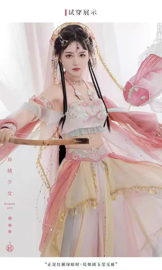 Dunhuang Feitian Chinese style printed silk Hanfu 4-piece set, high-end retro Hanfu, high-end satin embroidery craftsmanship SS69