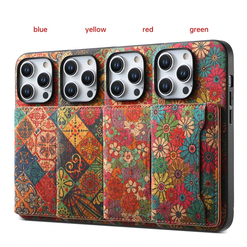Denior Suitable For iPhone 16/15/14 Plus Premium Floral Totem Cork Phone Case For iPhone 13/12 Pro Max Card Holder Back Cover SS69
