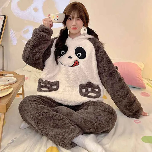 Adult Winter Thicken Sleepwear Pajamas Set Women Coral Fleece Pyjama Cartoon Deer Panda Hooded Homewear Loungewear Pijamas Suit