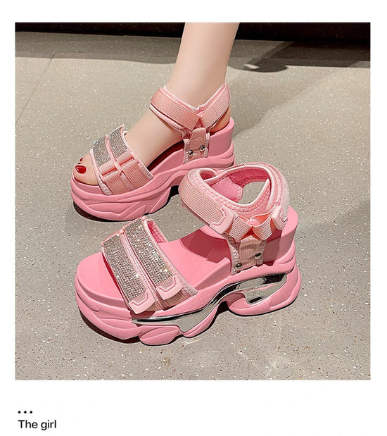 Summer High Platform Women Sandals Buckle 10CM Wedges Bling Shoes Fashion 2023 Outside Chunky Sandals Beach Casual Slides Woman SS69
