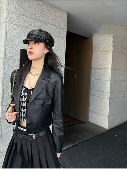 2024 New Short Genuine Leather Blazer Jackets for Women Fashion Pink Lapel Single Button Female Long Sleeve Sheepskin Jackets