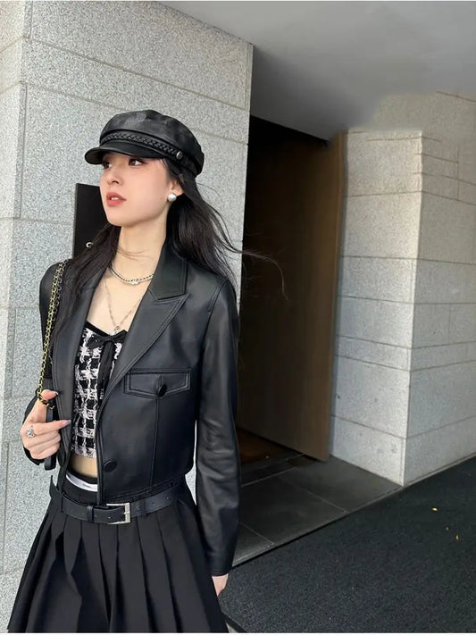2024 New Short Genuine Leather Blazer Jackets for Women Fashion Pink Lapel Single Button Female Long Sleeve Sheepskin Jackets