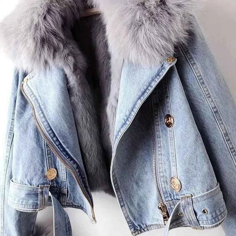 Women Faux Fox Fur Collar Jean Coat Winter Denim Jacket Female Short Warm Parkas Rabbit Hair Lining Outwear Fashion Overcoat
