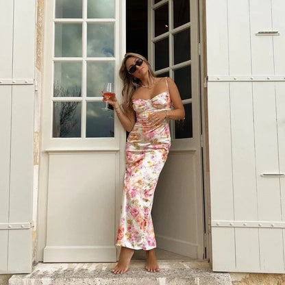 New Floral Suspender Split Slim Sleeveless Patry Beach Style Spaghetti Strap Dress Women Clothes Mini Dress 2024 Summer SS69