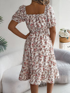 Summer Women's Beach Dress Floral 3D Print Square Neck Short-Sleeved Ladies Waist Ruffled A-Line Dress For Women Holiday Dresses