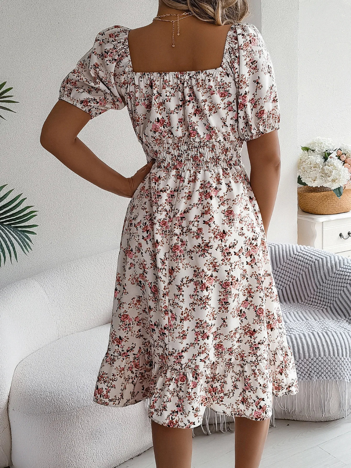 Summer Women's Beach Dress Floral 3D Print Square Neck Short-Sleeved Ladies Waist Ruffled A-Line Dress For Women Holiday Dresses