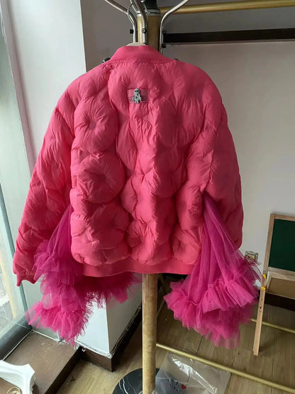 Winter Ruffles Mesh Stitching Rainbow Diamonds Parkas Jacket Gauze Pleated Gemstones Cotton-padded Coat Zippers Crystal Outwear SS69