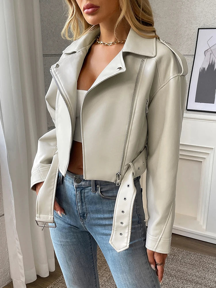 Ailegogo Women's Faux Leather Moto Jacket with Belt