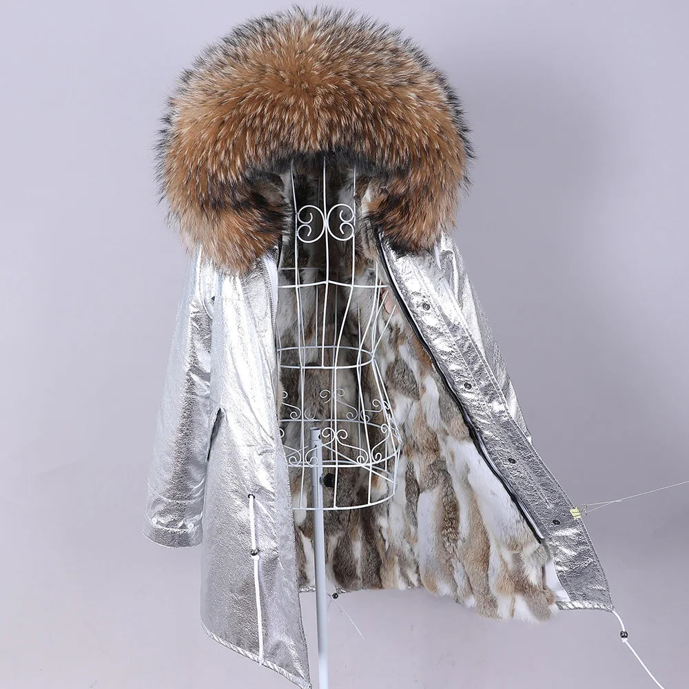 Maomaokong Winter Women Parka Cotton Jacket Real Fur Coat Natural Fox Fur Hooded Rabbit Fur Liner Thick Warm Outerwear Female