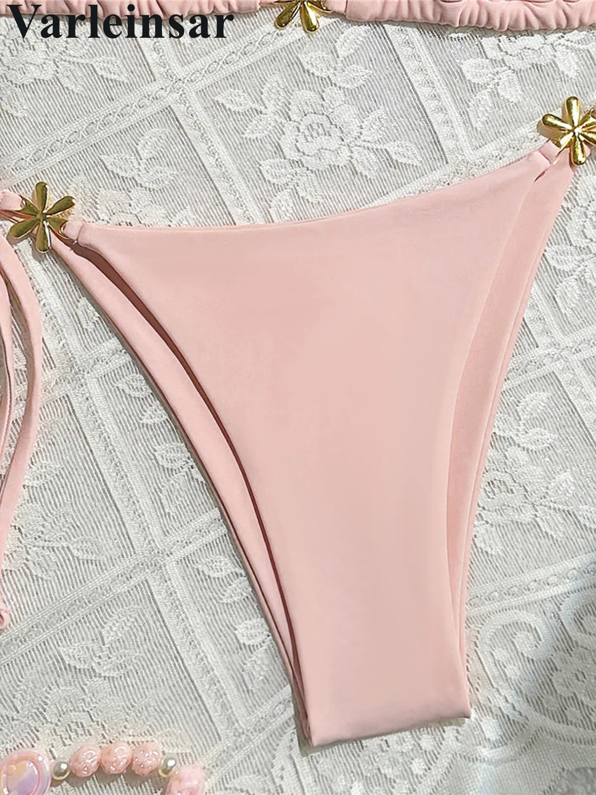 S - XL Metal Flower Halter Strappy Bikini Female Swimsuit Women Swimwear Two-pieces Bikini set Bather Bathing Suit Swim V6504 SS69