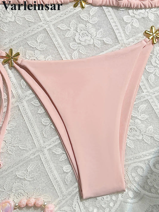 S - XL Metal Flower Halter Strappy Bikini Female Swimsuit Women Swimwear Two-pieces Bikini set Bather Bathing Suit Swim V6504 SS69
