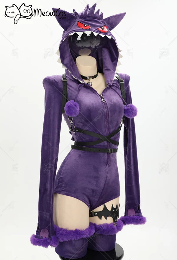 Meowcos Women Genga Cosplay Costume Halloween Purple Ghost Romper Bodysuit Plush Hooded and Socks with Belt and Tail