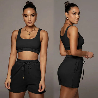 Crop Tops And Drawstring Shorts Set Sexy U-Neck Fitness Tank Top Summer Athleisure Biker Shorts Two Piece Sets Women Streetwear SS69
