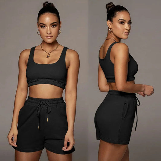 Crop Tops And Drawstring Shorts Set Sexy U-Neck Fitness Tank Top Summer Athleisure Biker Shorts Two Piece Sets Women Streetwear SS69