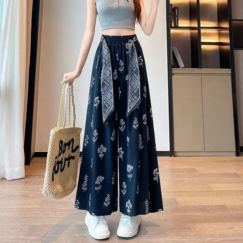 Women's Floral Print Wide Leg Pants - High Waist Casual Trousers