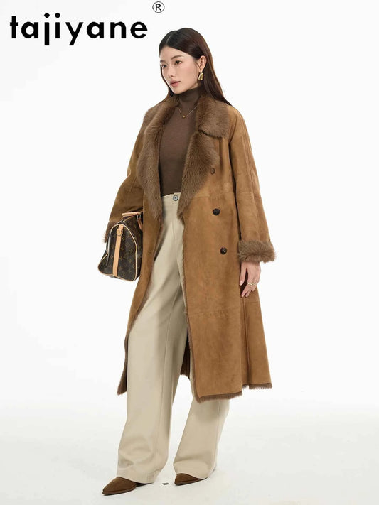 TAJIYANE Natural Tuscany Sheepskin with Wool Attached Coats Long Real Fur Coat Woman Clothing High Quality Winter Outerwear 2025