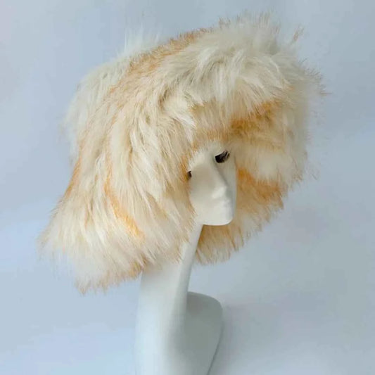 Luxury Fluffy Women Faux Fur Bucket Hats Oversized 17cm Wide Brim Thicken Outdoor Warm Plush Punk Hat Girl Y2k Female Ski Panama