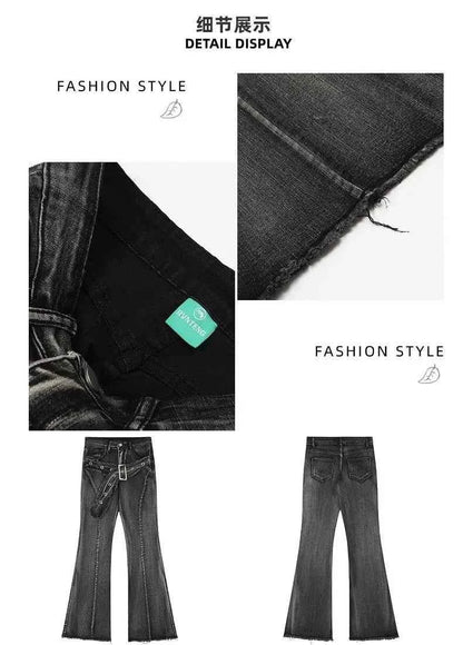 Vintage Slim Micro-flare Jeans Women Ins Fashionable Splicing Belt Edge Y2K Pants High Waist Straight American Street Trousers