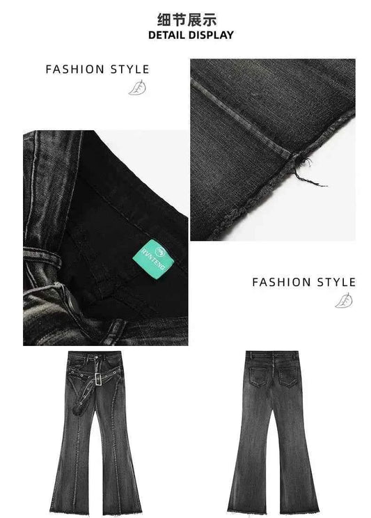 Vintage Slim Micro-flare Jeans Women Ins Fashionable Splicing Belt Edge Y2K Pants High Waist Straight American Street Trousers