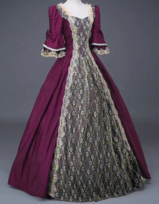 18th Century Medieval Women High Waist Half Sleeve Ball Gowns Princess Lace Patchwork Satin Dress Queen Renaissance Costume SS69 32.69 Clear / L / cosplay costume