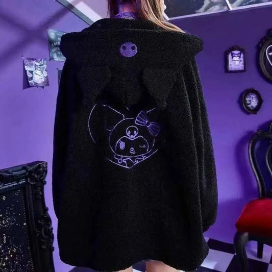Sanrio New Hoodie Hooded Kuromi Cute Thicken Coat Fleece-Lined Embroidery Women's Loose Plus Size Hoodie Autumn and Winter Ins